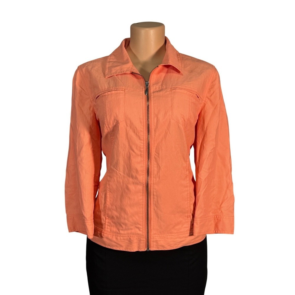Chico's Full Zip Jacket Women Orange Excellent 3/4 Sleeve Collared Pockets